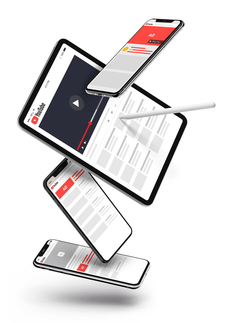 Youtube Ads Infografik auf einem Smartphone, Tablett und Desktop